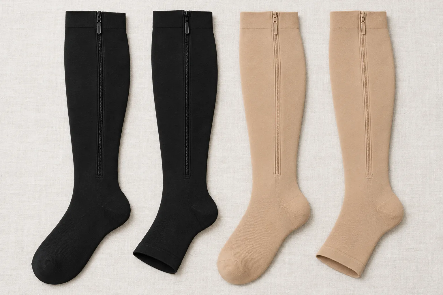 Knee-high zipper compression socks in black and beige arranged in a grid