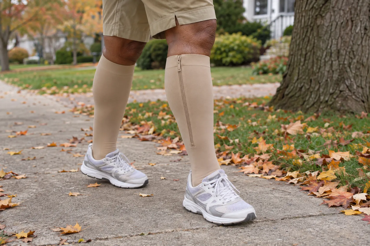 Walking on a sidewalk in beige zipper compression socks