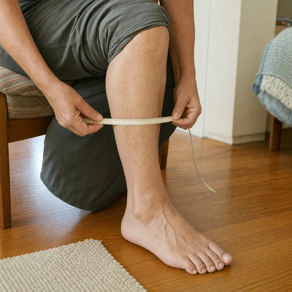 Hands wrapping a soft tape measure around the widest part of a calf
