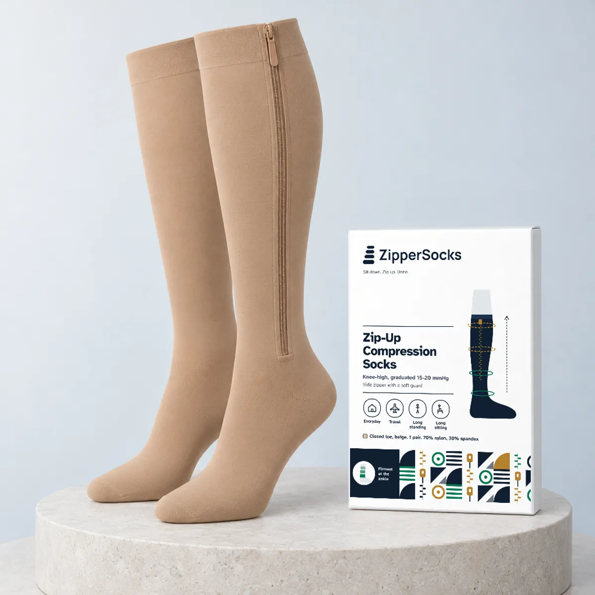 Beige closed-toe zipper compression socks standing beside the ZipperSocks retail box