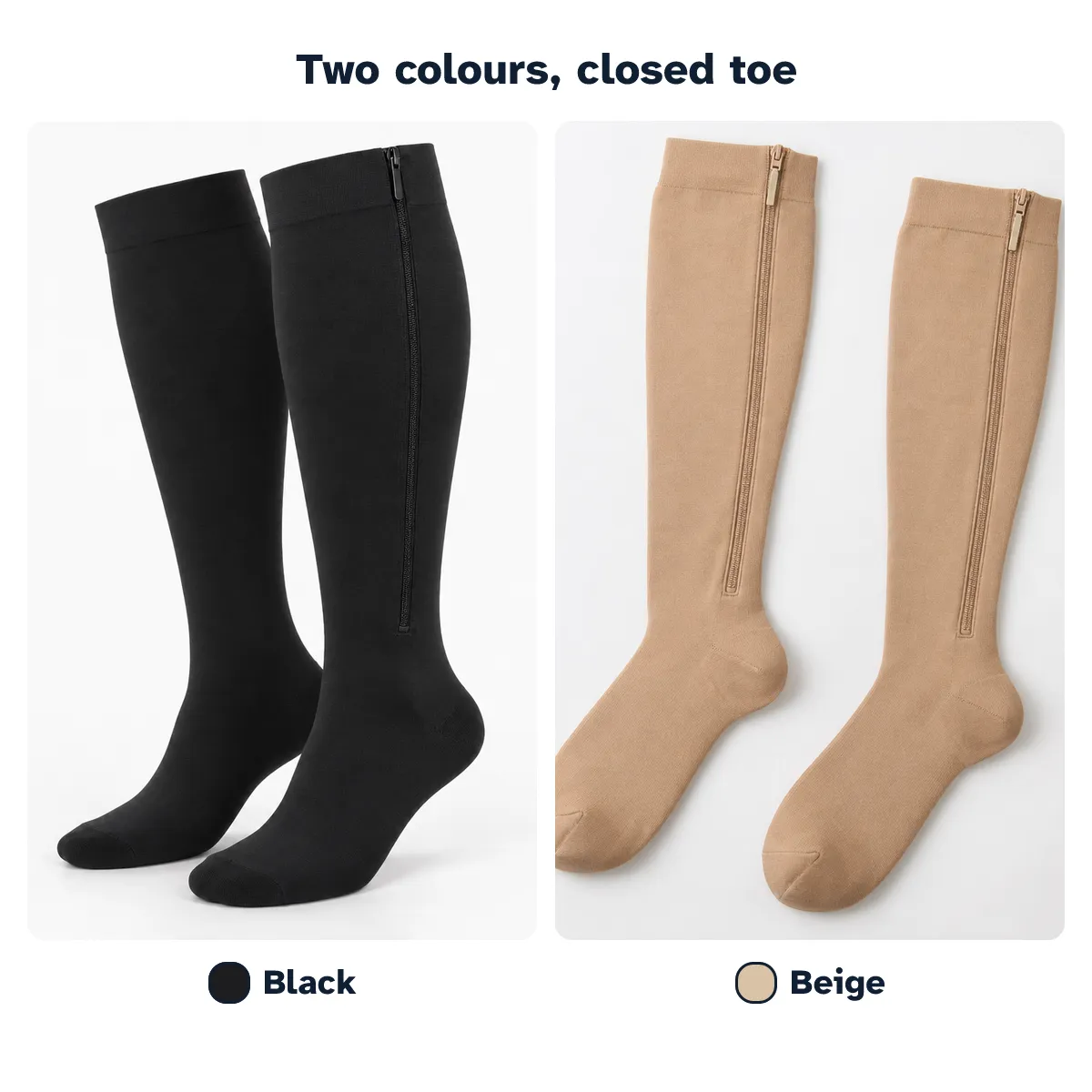 Closed-toe socks in black and beige side by side