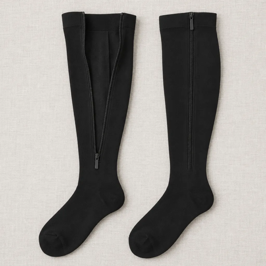 Black closed-toe socks laid flat, one unzipped to show the guard behind the zipper