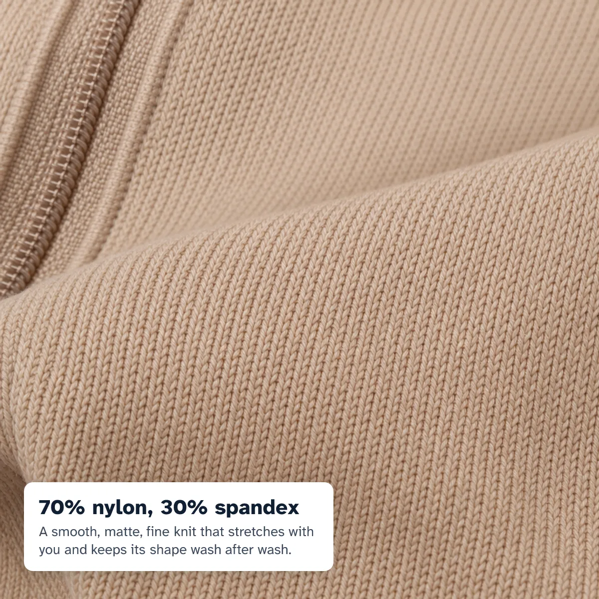 Macro of the smooth matte knit: 70% nylon, 30% spandex