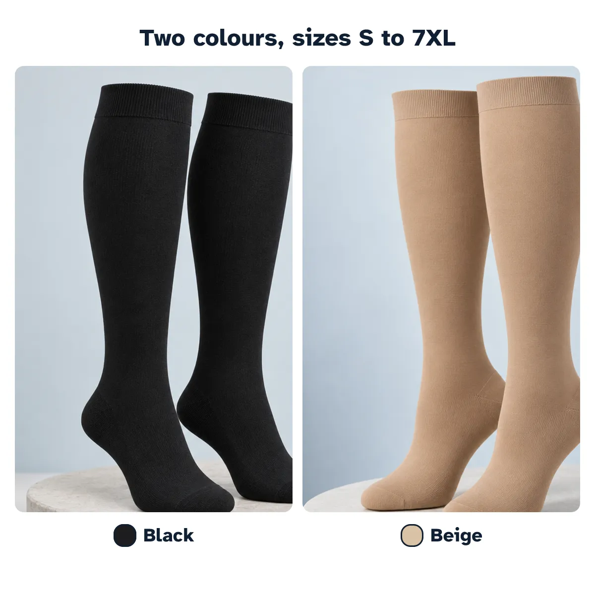 Firm knee-high socks in black and beige side by side