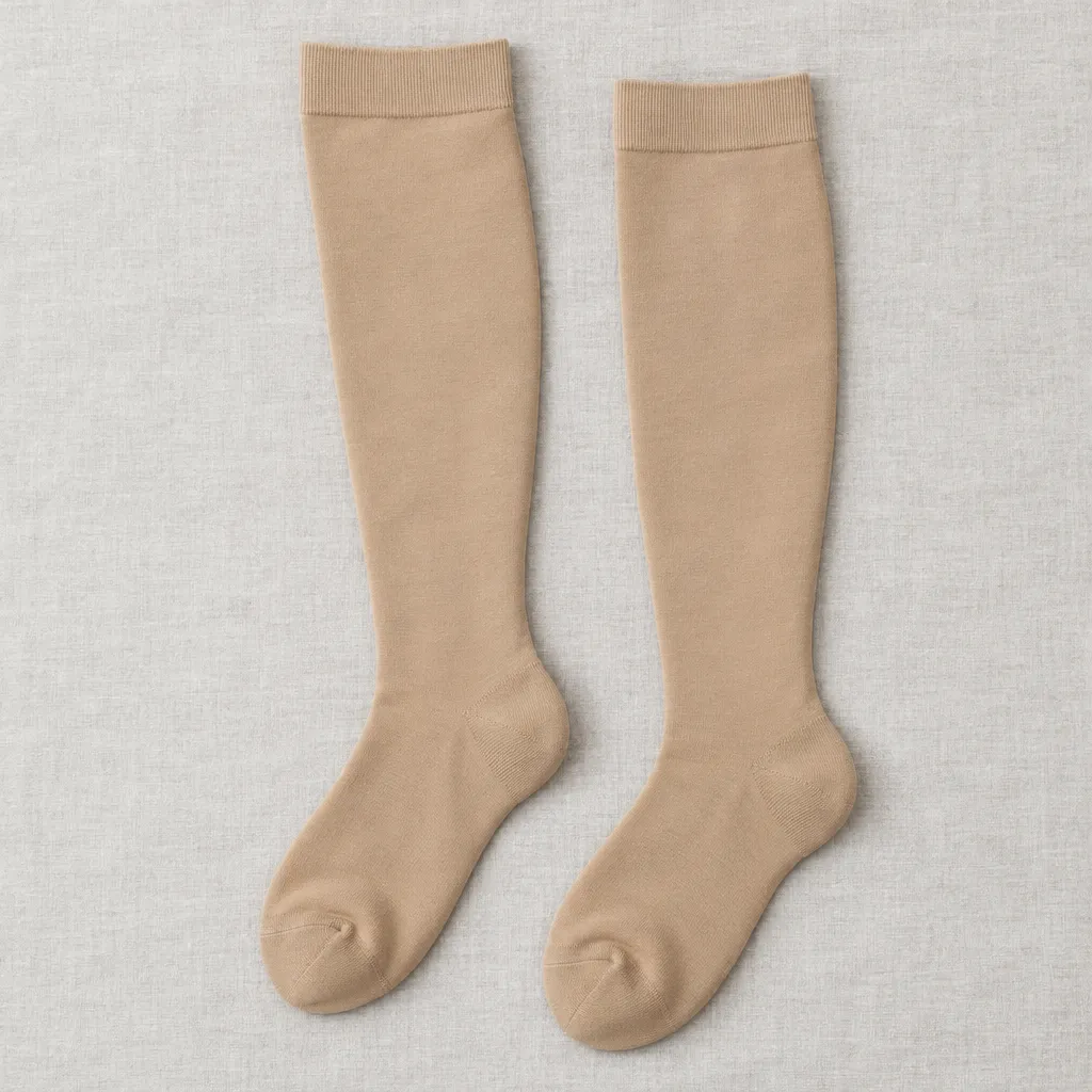 A pair of beige firm knee-high compression socks laid flat