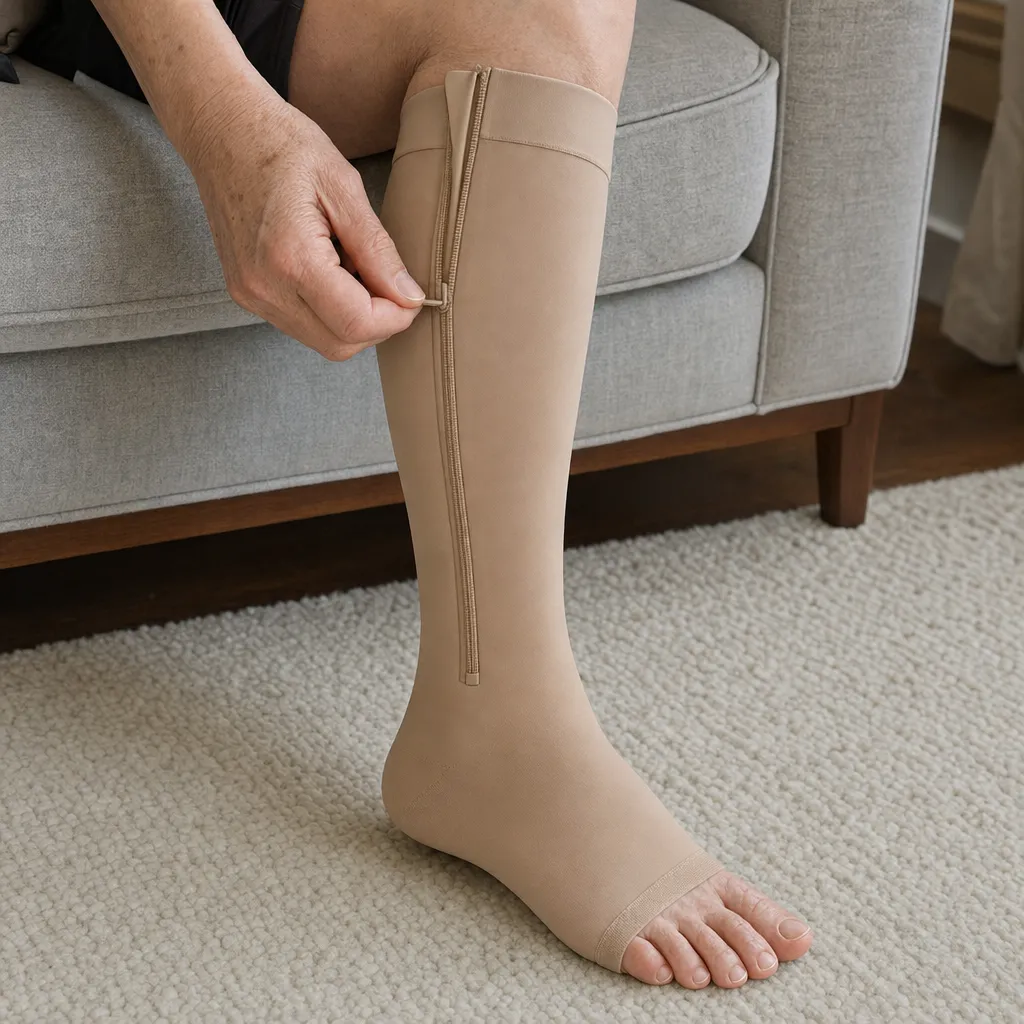 Seated on a sofa, zipping a beige open-toe sock up the calf