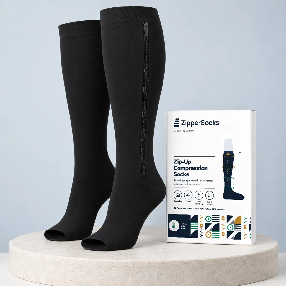 Zip-Up Compression Socks, Open Toe