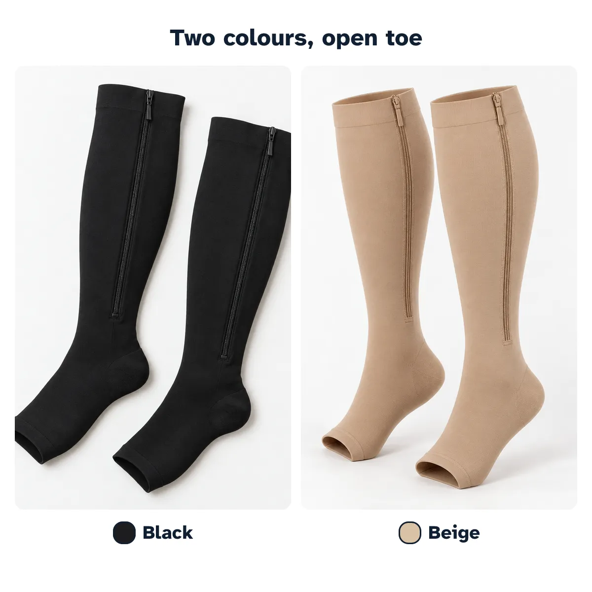 Open-toe socks in black and beige side by side