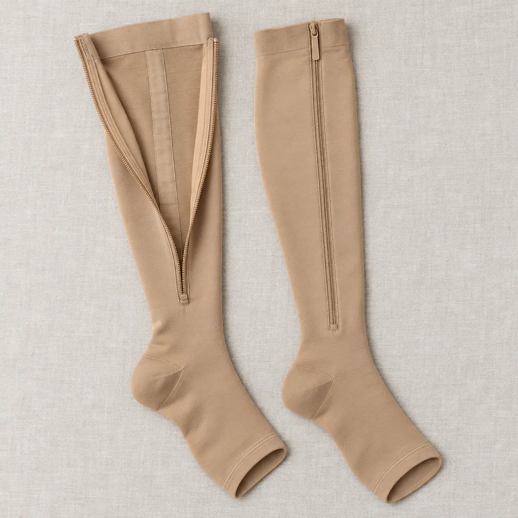 Beige open-toe socks laid flat, one unzipped to show the guard behind the zipper