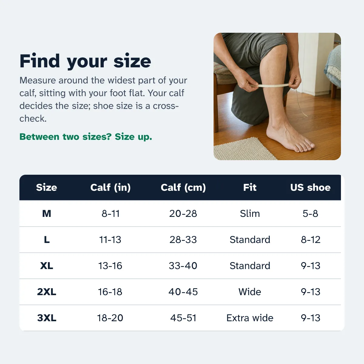 Size chart by calf circumference: M 8-11 in, L 11-13 in, XL 13-16 in, 2XL 16-18 in, 3XL 18-20 in. Between two sizes, size up