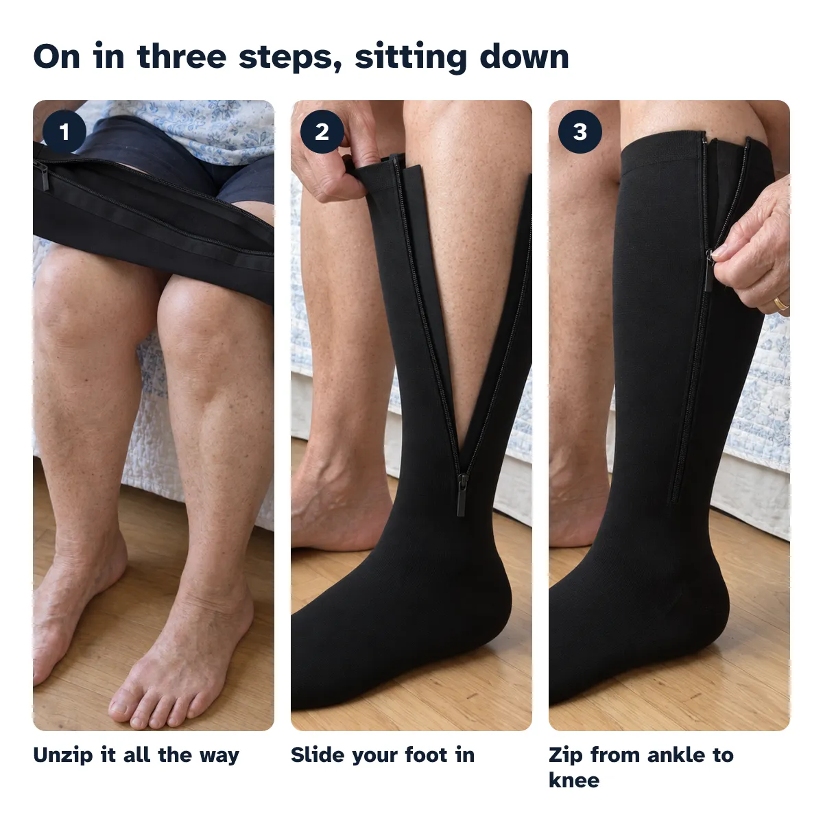 Three steps, sitting down: unzip it all the way, slide your foot in, zip from ankle to knee